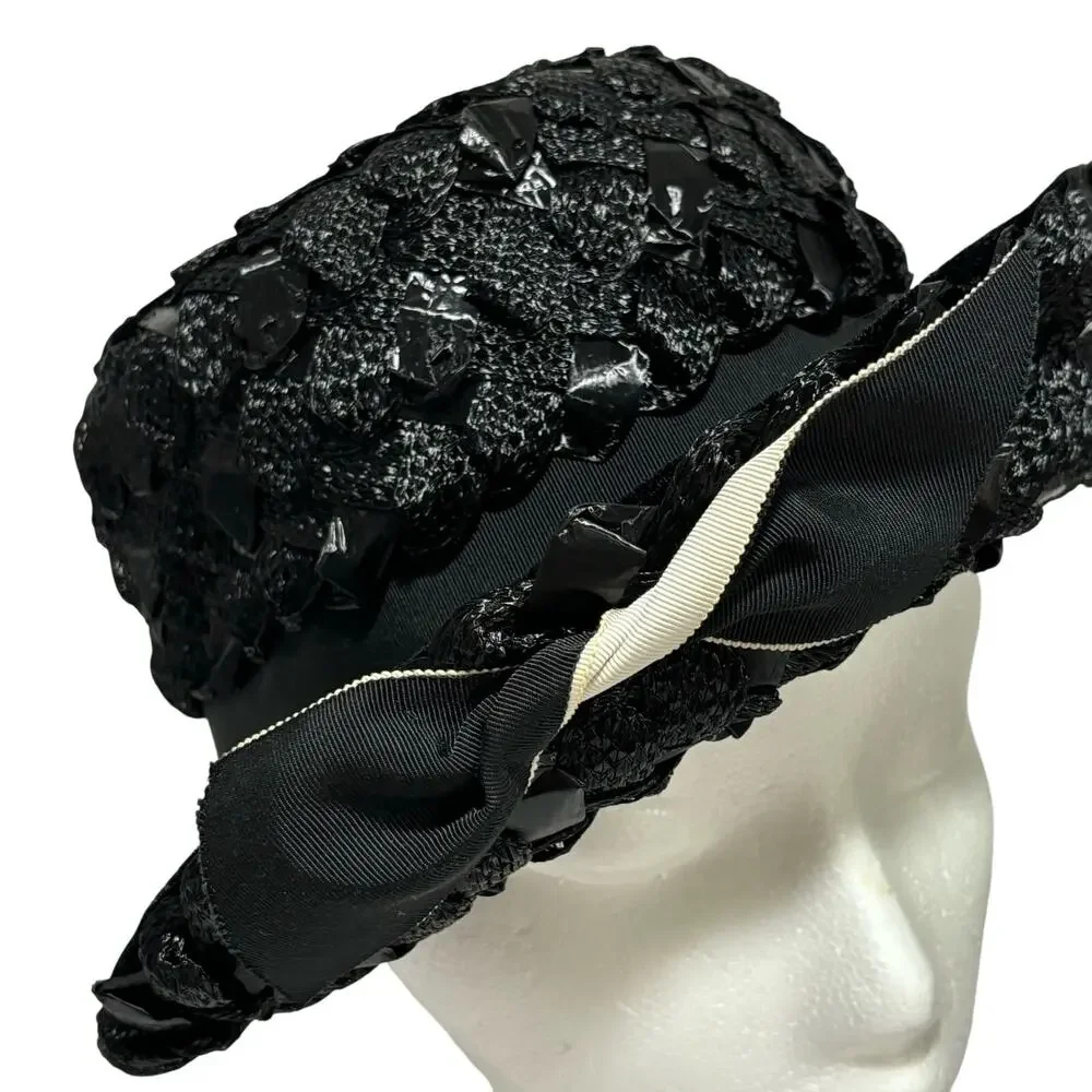 Ladies black straw fedora hat woven white hatband trim bow dressy mid century